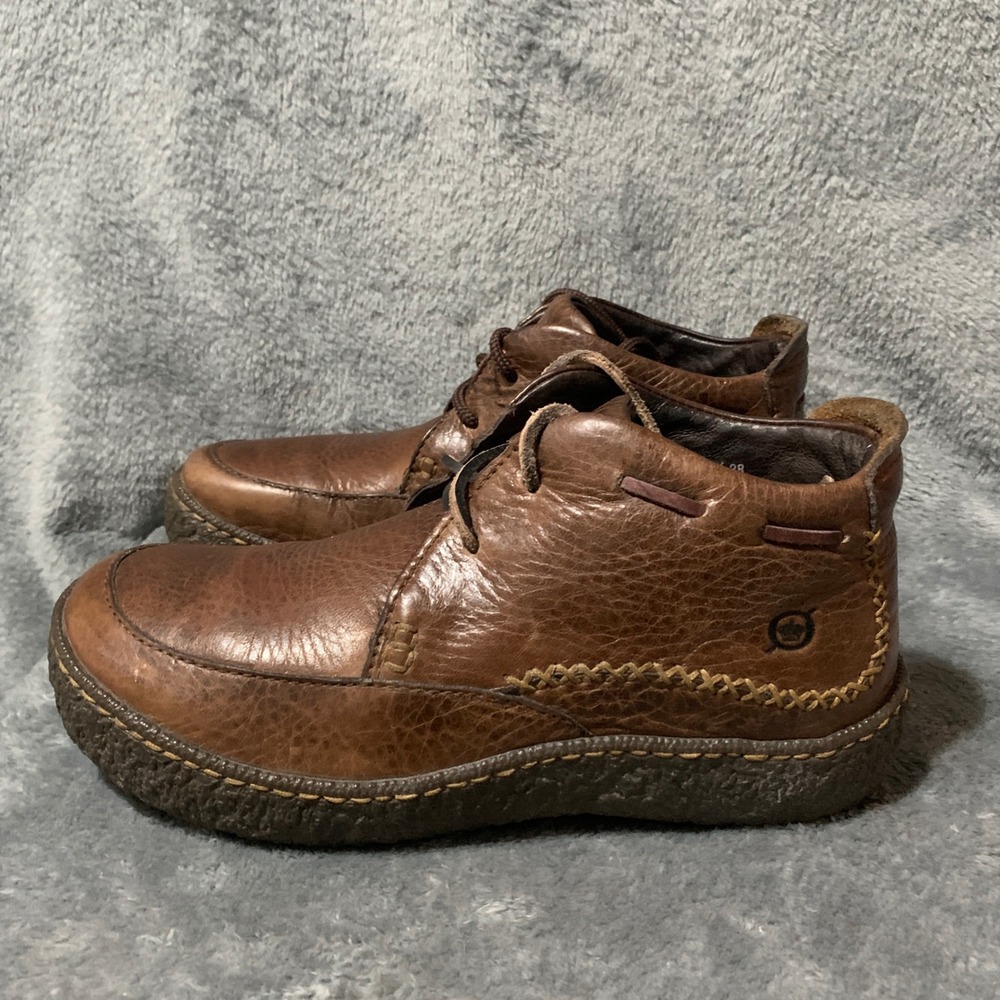 Born Womens Brown Leather Chunky Ankle Boots 7 38 Whipstitch Lace Up W6393 Flaw